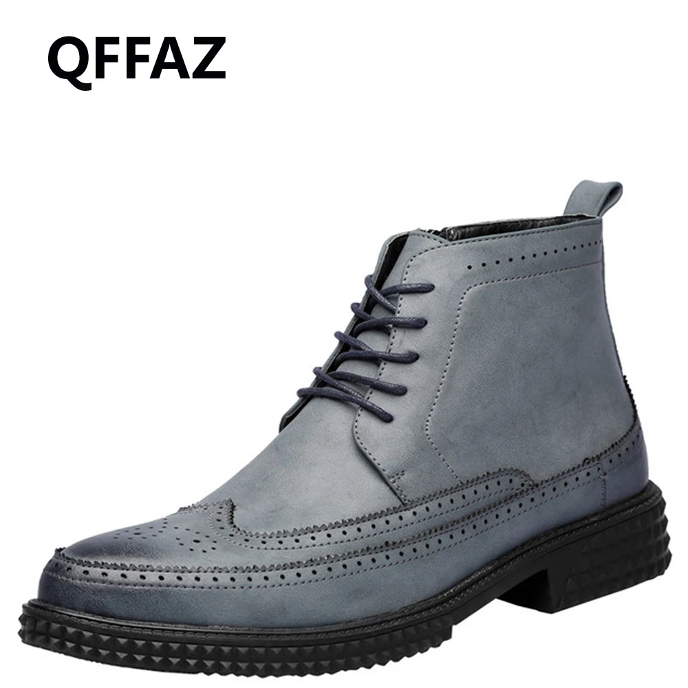 QFFAZ/мужская кожаная обувь сезон осень-зима ботильоны модная на шнуровке броги в