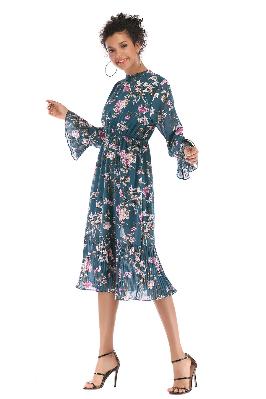 Gladiolus Floral Print Spring Autumn Women Dress 2019 O-Neck Lace Up Flare Sleeve Tunic Chiffon Dress Women Midi Party Dresses (16)