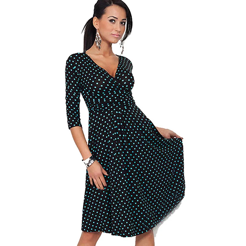 

Aamikast Womens Elegant Dot Draped Dress 2019 Sexy V-neck Empire Casual Vestidos Party Fit And Flare Office Dresses