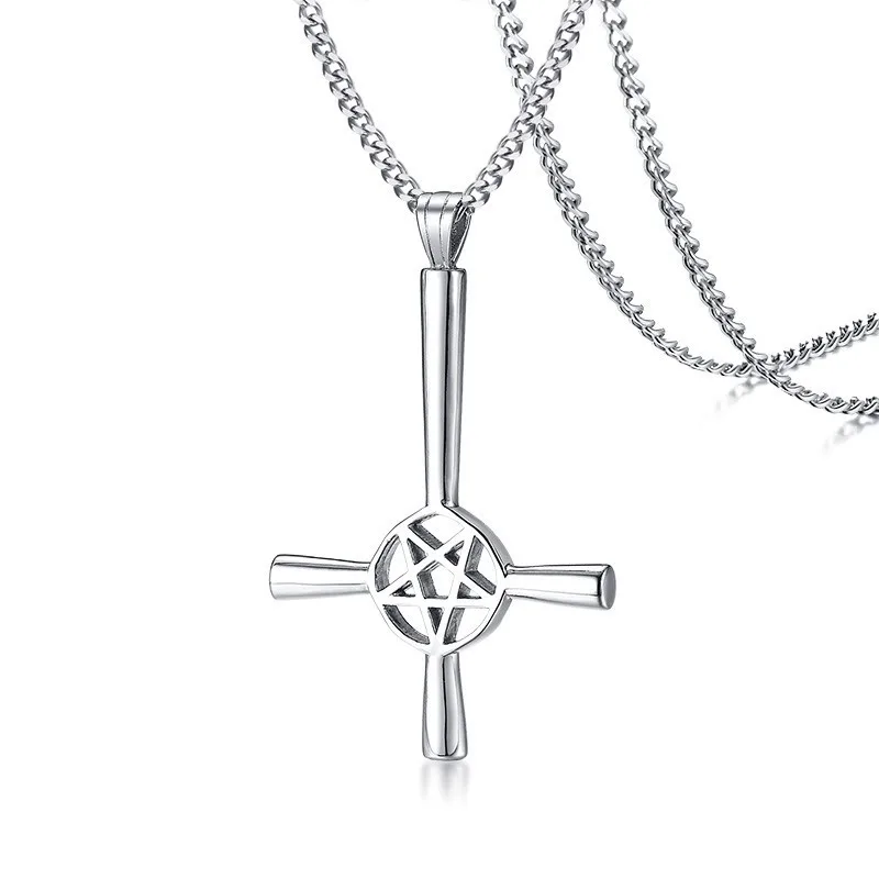 Мужское серебряное ожерелье из нержавеющей стали с крестиком, сатанинская подвеска с изображением перевернутой пентаграммы, ювелирное изделие со звездой - Окраска металла: picture necklace