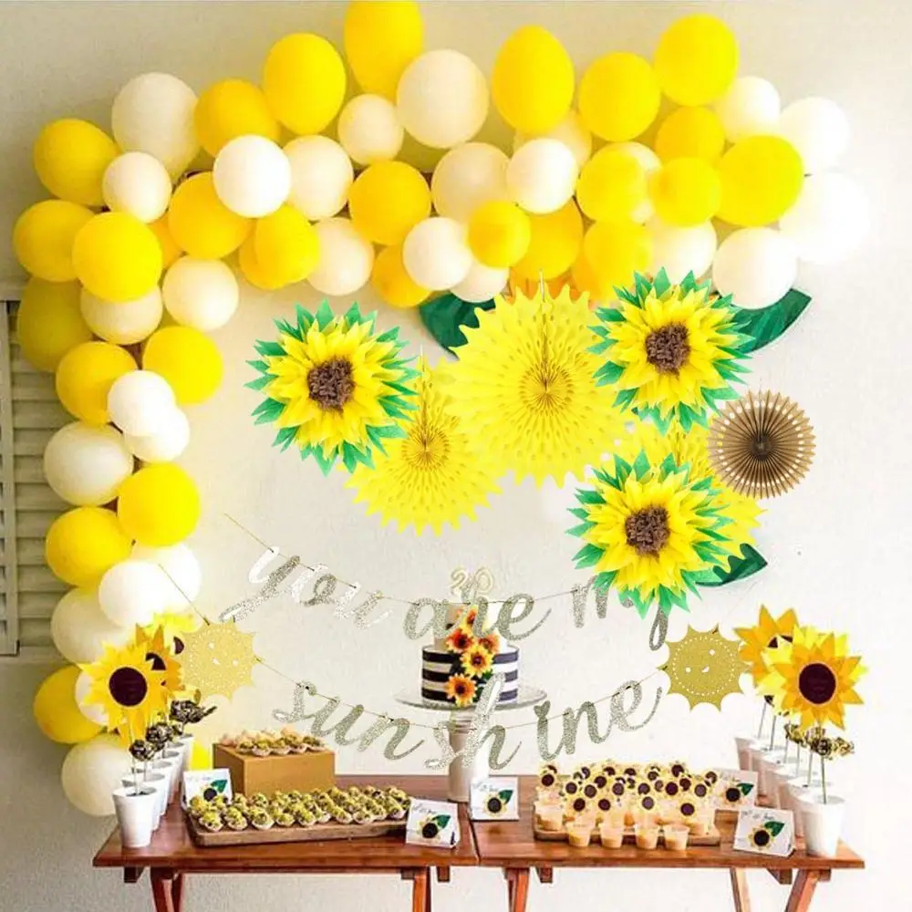 

You are my sunshine Decoration Set Balloons DIY Paper Sunflower Fans Gold Glitter Birthday Banner Sun Bunting Yellow Decor