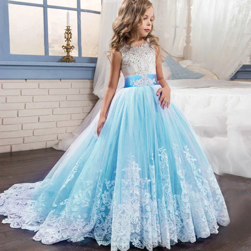 Длинное платье с цветочным рисунком со шлейфом для свадьбы, дня рождения; платье для девочек; платье принцессы для первого причастия; карнавальный бальный костюм; vestido; платье невесты - Цвет: sky blue