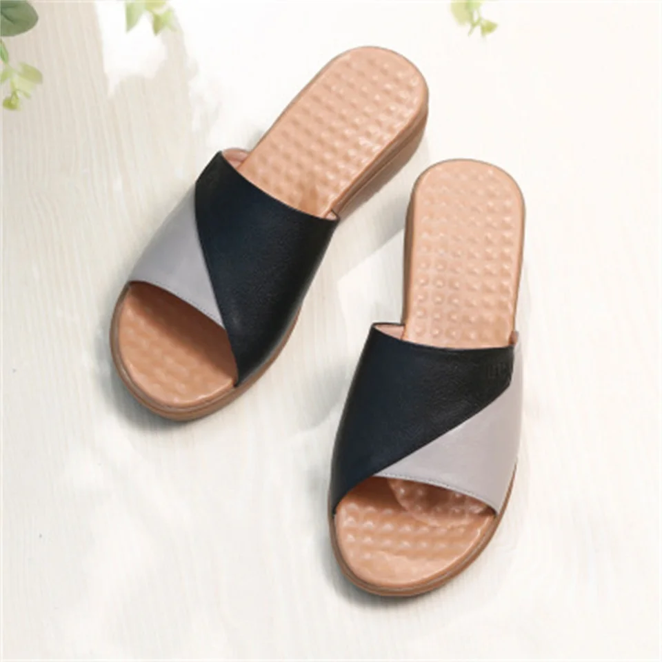 

2019 summer women's slippers high quality cowhide fabric comfortable inner wedge sandals fashion open toe female slippers