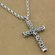 Brand LINSION 925 Sterling Silver Cylinder Cross Mens Biker Rocker Punk Pendant 9F118 Sterling Silver Necklace 24″