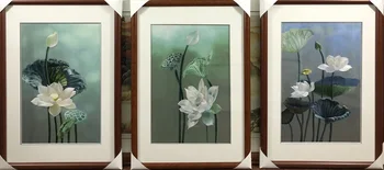 

Handmade 100% Mulberry Silk Thread Finished Suzhou Embroidery not include frame ,Home Decor lotus 3Pcs 40*60cm