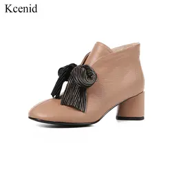 Kcenid/женские ботинки на высоком каблуке; коллекция 2018 года; модные кожаные ботильоны на молнии с бантом; Женская Удобная обувь с круглым