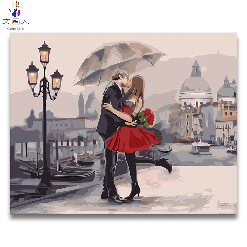 

Kissing Lovers romantic on the street For Hoom Wall Decor picture painting Coloring by numbers with kits Draw on canvas Diy Gift