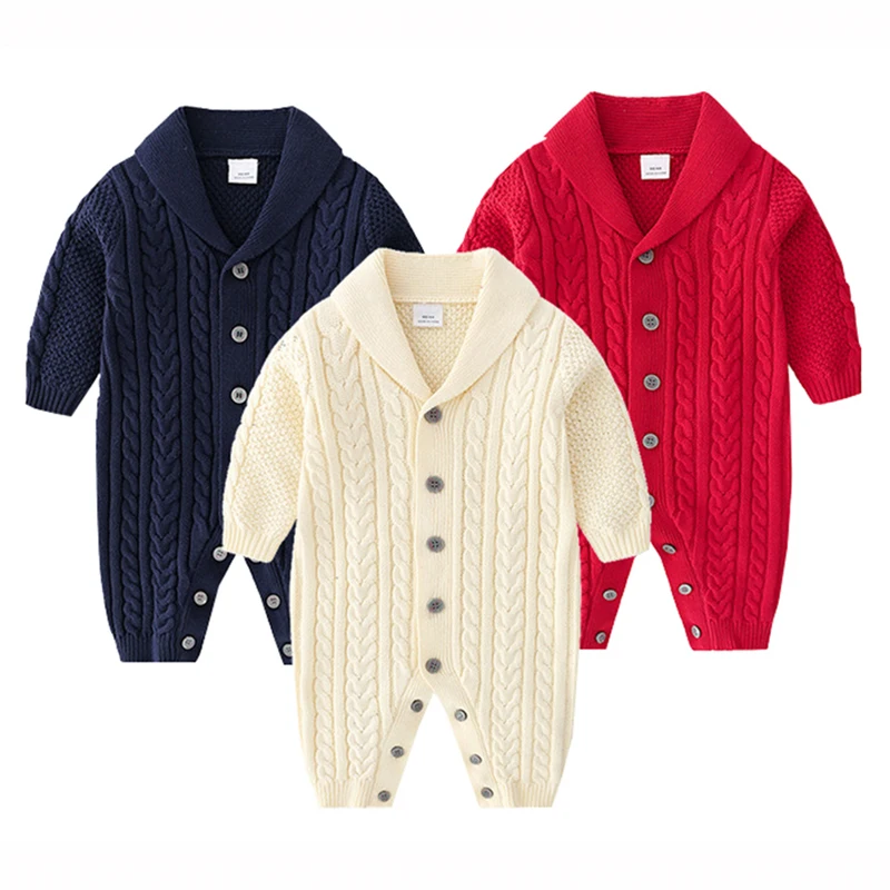 WOCACHI Infant Baby Romper Unisex Boys Girls Long Sleeve Winter Knitted Jumpsuit Button Sweater Romper Warm Outfits 0-2 Year