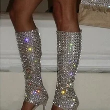 Летние Брендовые женские сапоги-гладиаторы с открытым носком, украшенные стразами, на высокой платформе сапоги до колена с вырезами и стразами на высоком каблуке