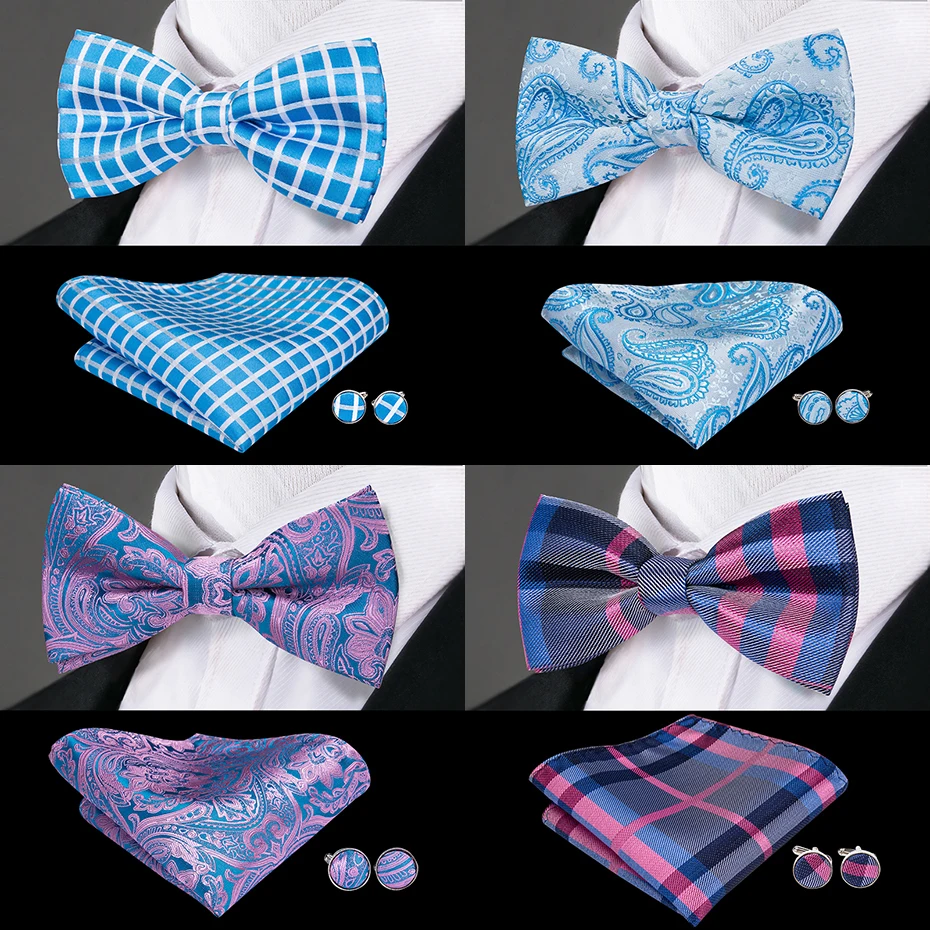 Hi-Tie Classic Silk Bow Ties for Men Butterfly Bow Tie Pocket Square Cufflinks Set Blue Green Red Gold Paisley luxury Bowtie