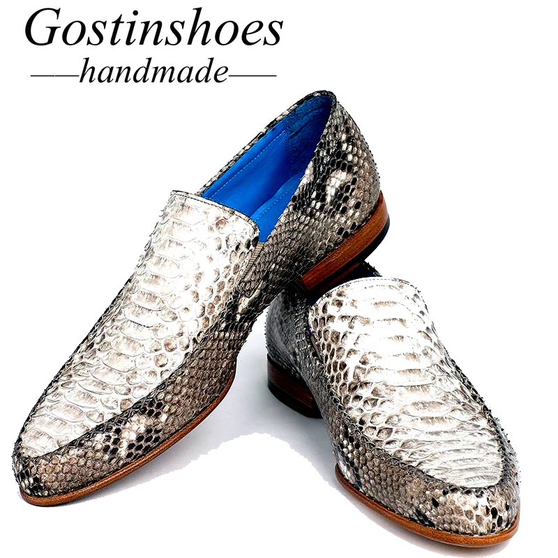 GOSTINSHOES/Мужская официальная обувь ручной работы Goodyear; белые модельные туфли из натуральной змеиной кожи; слипоны с круглым носком; SCF25