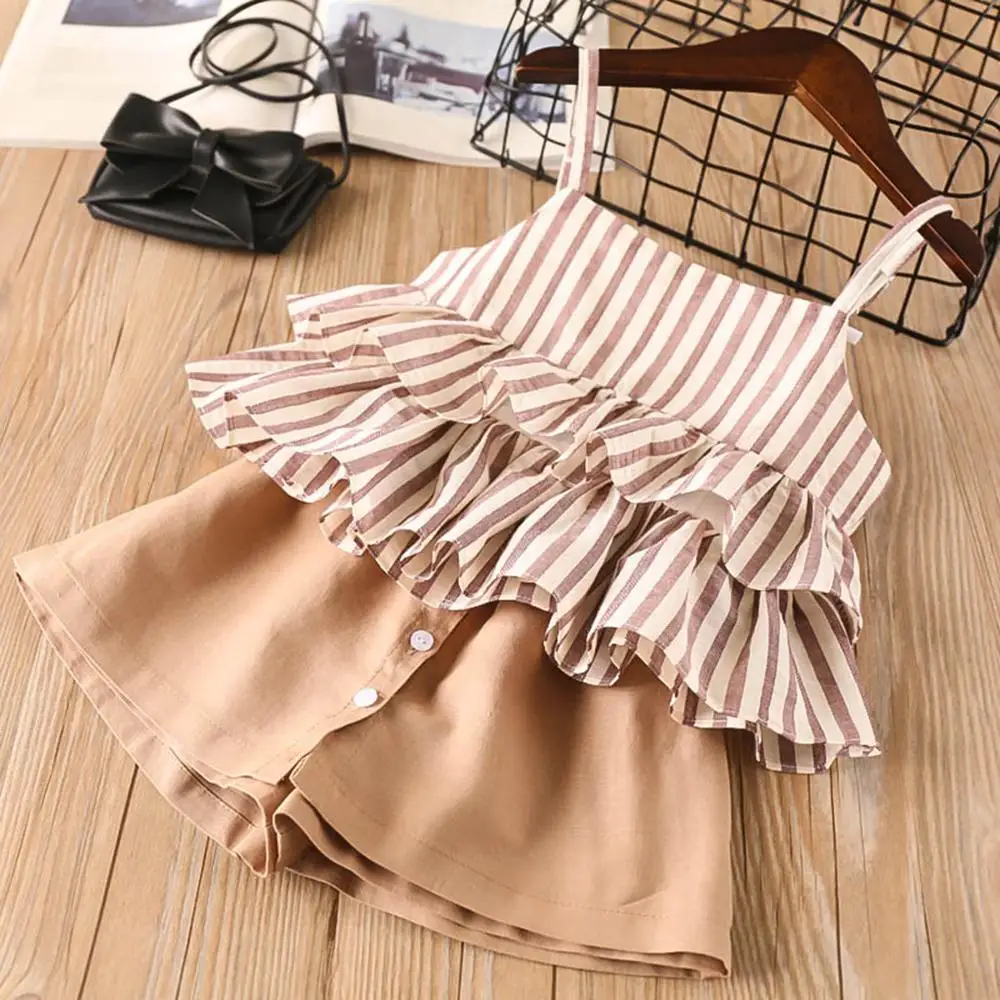 

2019Baby clothes girls ins outfits print caim shirt+solid button short suits for kids summer clothing cotton clothes sets
