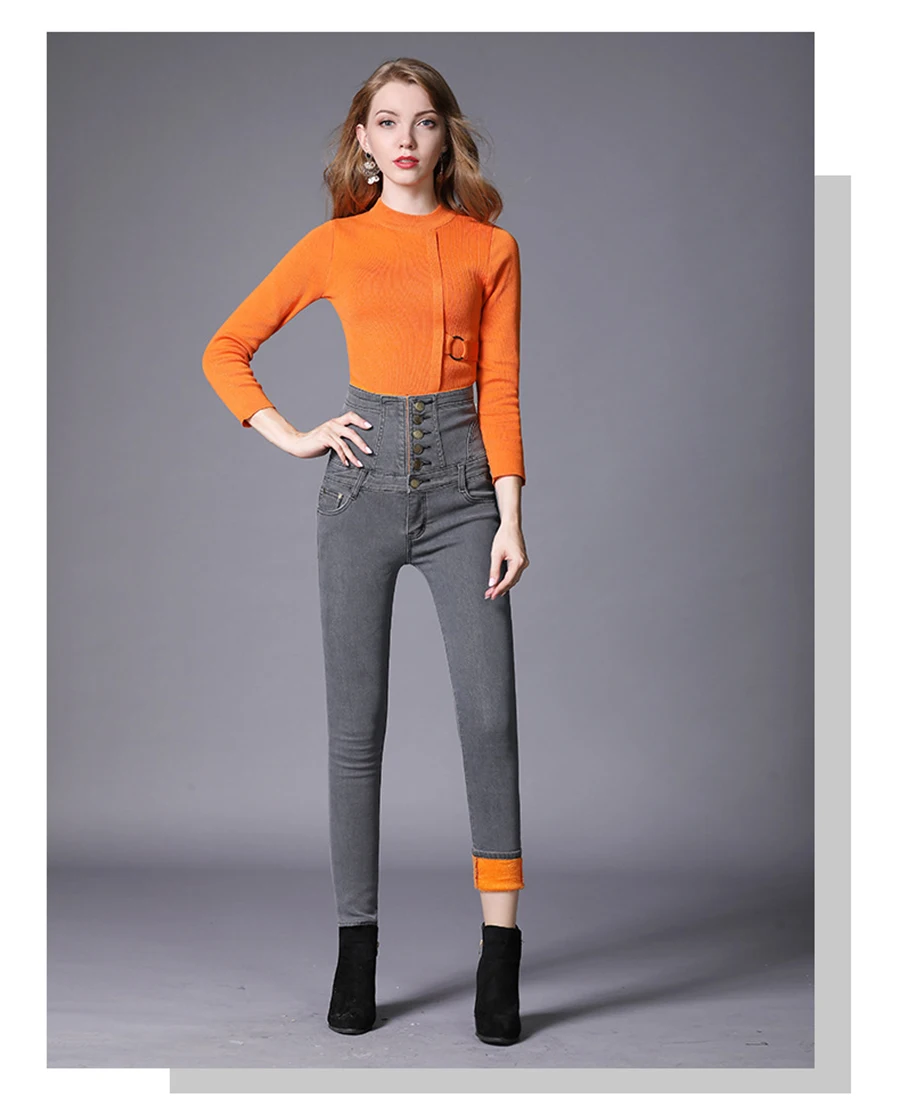 Winter Women Warm Jeans with Thicken Fleece Velvet Denim High Waist front Button back Strap Design Pencil Pants Plus Size S-6XL (16)