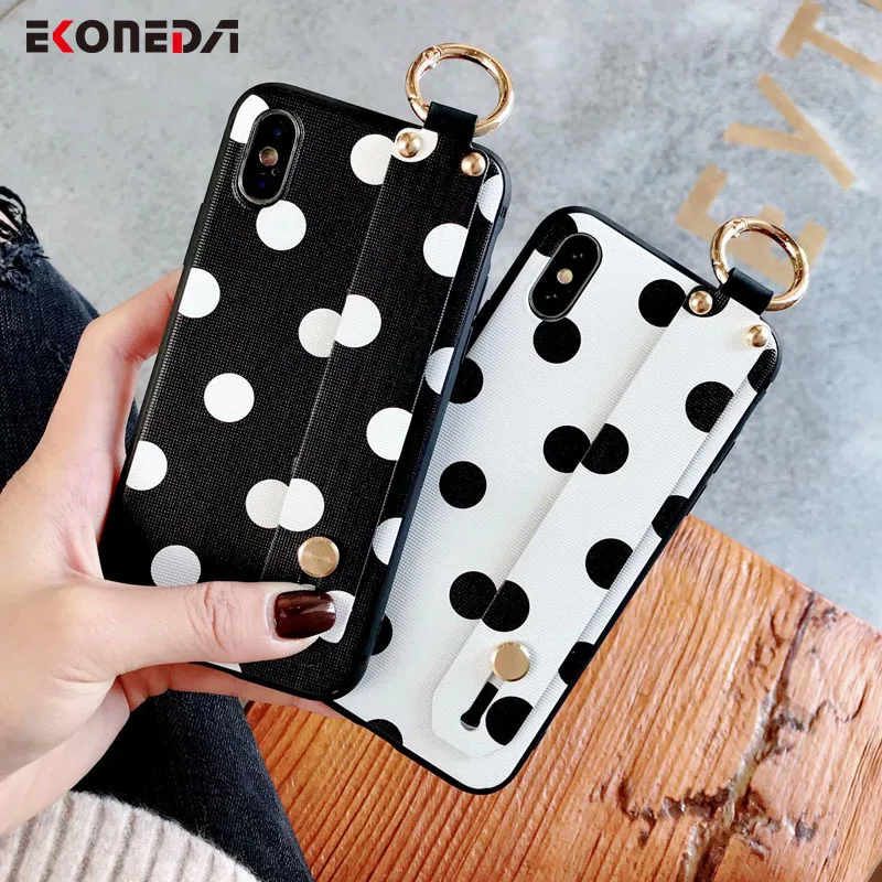 

EKONEDA Wrist Strap Phone Holder Case For iPhone 7 Plus Round Dots Case Soft TPU Cover For iPhone 6S 8 Plus XS Max XR X Case