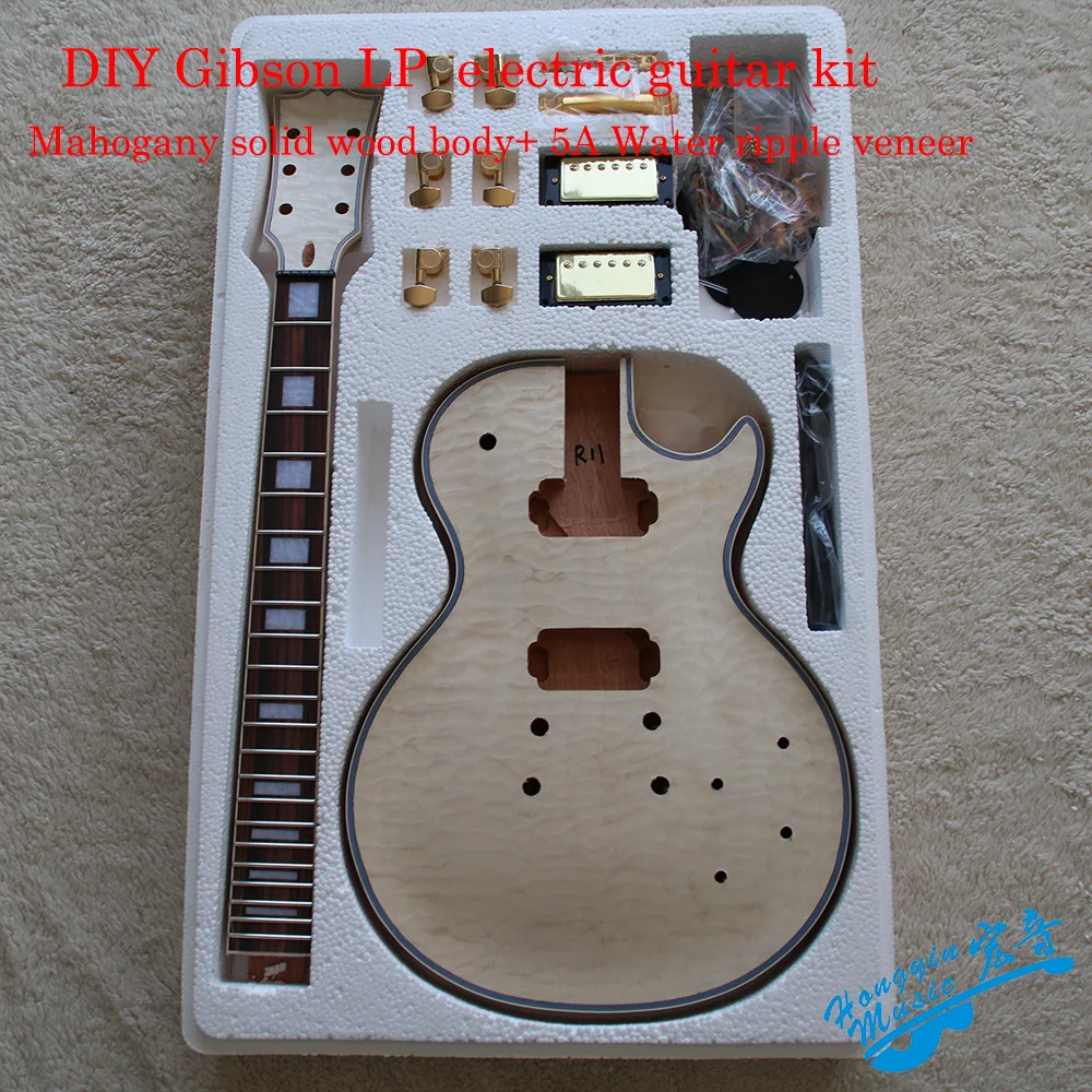 

DIY LP Style Electric Guitar Kit 0.6mm 5A White Water Ripple Veneer African Mahogany Okoman Body Neck Rosewood Fingerboard