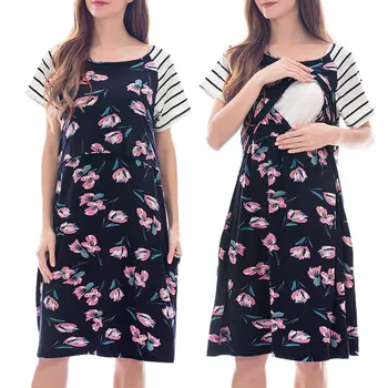 

Women's Maternity Short Sleeve Pocket Floral Nursing Dresses Breastfeeding Dress
