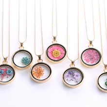 Стеклянные Подвески, кулон, ожерелье, сушеный цветок, настоящий сухой цветок, круглый медальон, ожерелье, Золотая цепочка, ожерелье для женщин, ювелирное изделие, мода