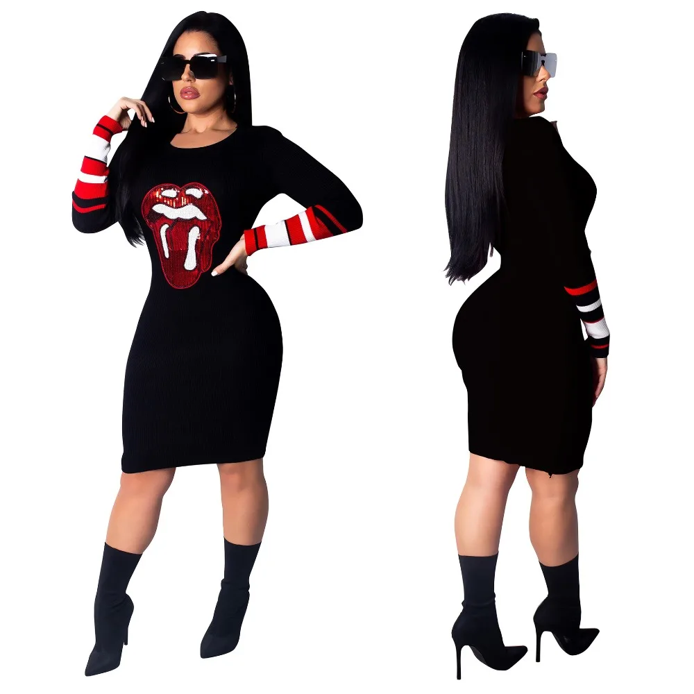 

2019 New Fashion Sexy Long Sleeve Bodycon Dress for Women Silm Clubwear Big Lips Sequins Printed Party Dresses