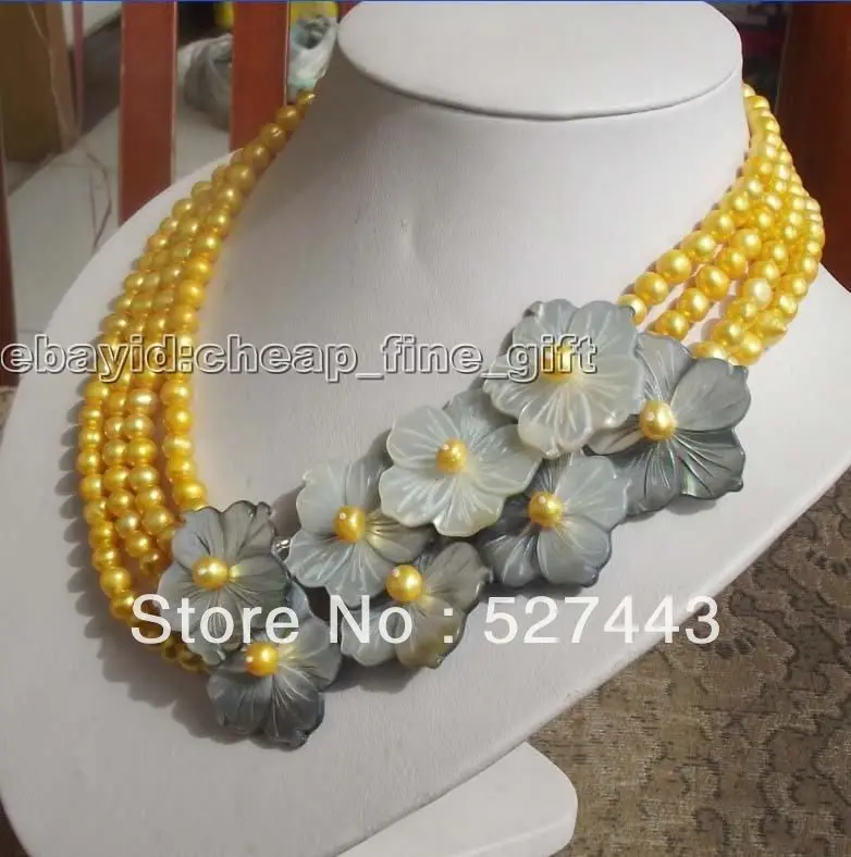 

Wholesale free shipping >>@ 6-7MM Yellow FW Pearl & Genuine Shell 4 Rows Necklace