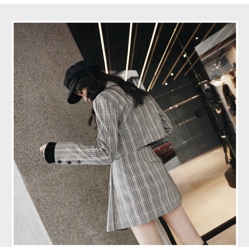 New 2018 Autumn Women Suit Female Korean Fashion Long-Sleeved Plaid Suit Jacket Female Two-Piece Stitching Ladies Skirt D8A225 (2)