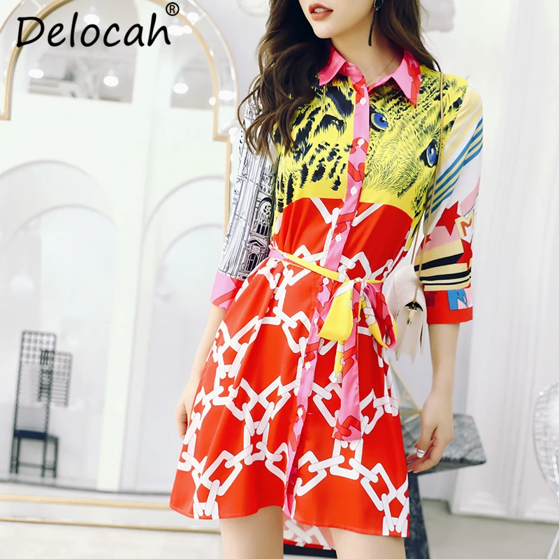 

Delocah New 2019 Women Spring Summer Dress Runway Fashion Designer Elegant Bow tie Printed Modern Casual Ladies Shirt Dresses