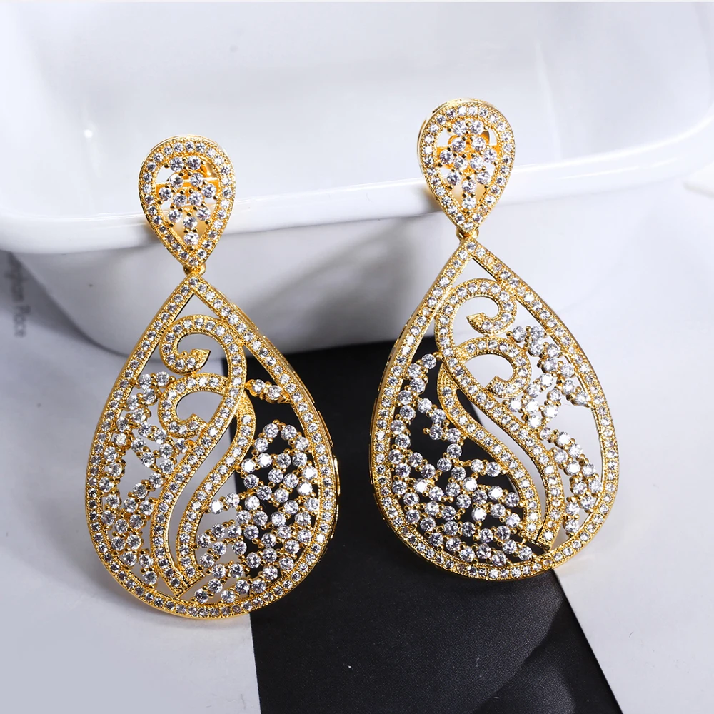 53mm Big Long Earrings Luxury Jewelry Gold and White Color Bijuteria Feminina Crystal Women CZ Earring for Wedding