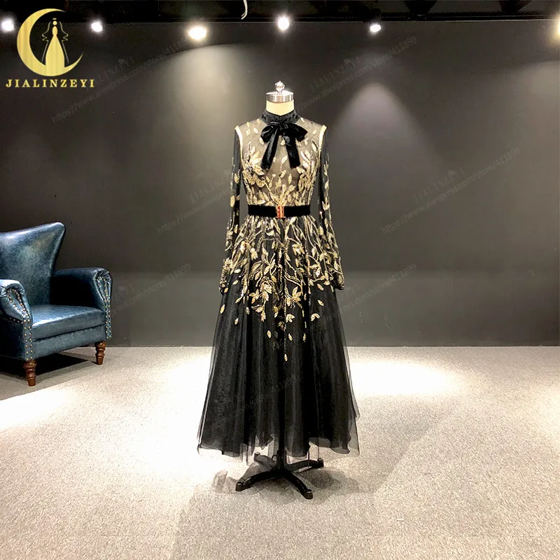

JIALINZEYI Real Picture Newest 2019 Black High Neck Long Sleeves with Gold Beads Tulle Velevt Prom Dresses Party Dresses 2019