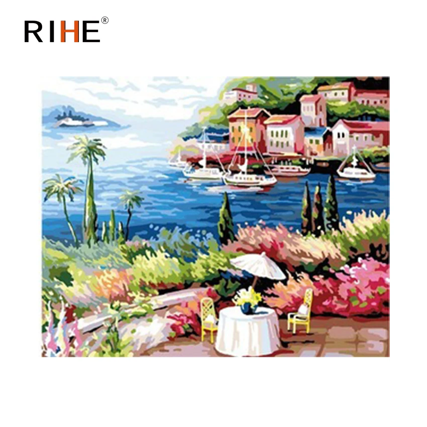 

RIHE Seaside Villa Diy Painting By Numbers Abstract Boat Oil Painting On Canvas Cuadros Decoracion Acrylic Wall Picture For Room