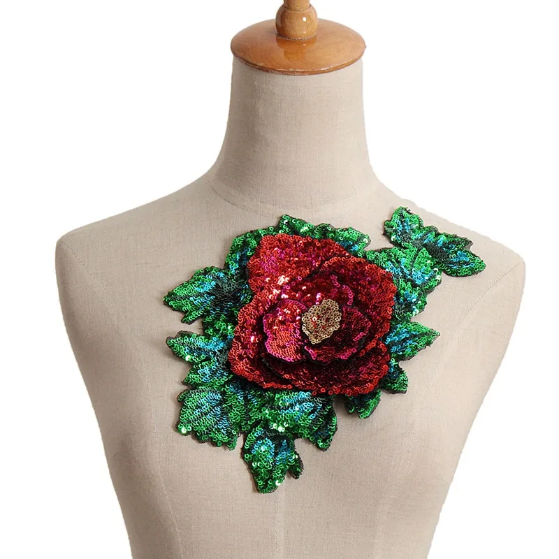 

New Red Rose Green Flower Sequined Tulle Patch Embroidered Applique Sew on Cloth for Garment Clothes Dress Bags DIY Accessory