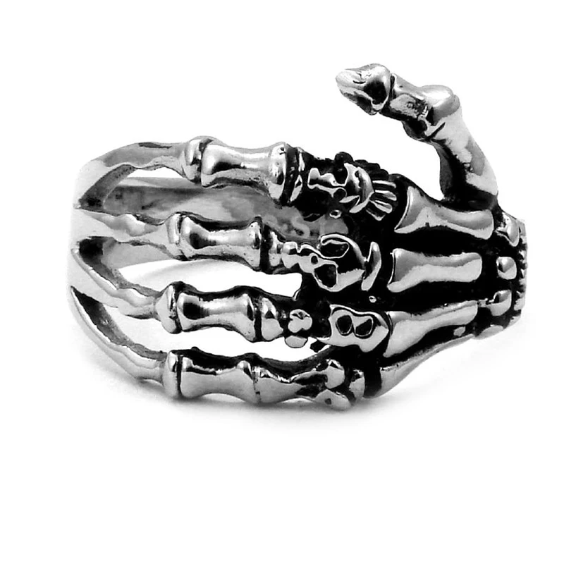 Valily Jewelry Mens Skull Ring Biker Gothic Skeleton Bone Ring Stainless Steel Skull Hand Ring