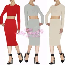 Wholesale 2016 new winter Stretch Knit Beige long sleeve Fashion casual Two Piece Set Cocktail party Bandage dress
