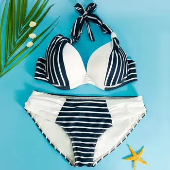 

Free Shipping Striped Splicing Halter Bikini Set 4F4543