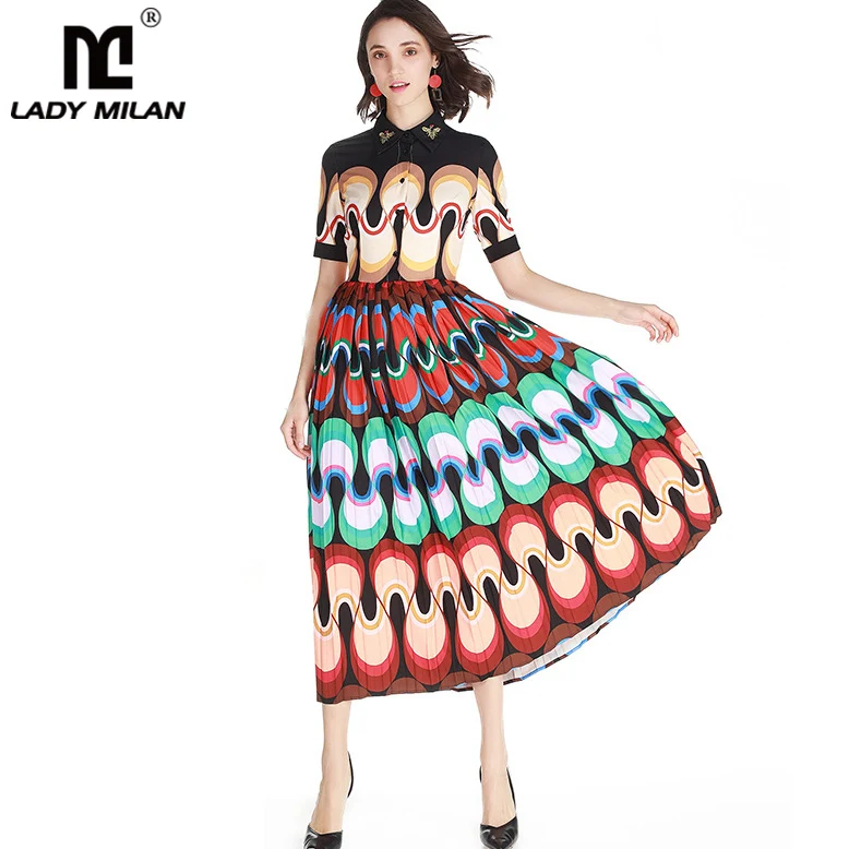 

2019 Women's Runway Designer Dresses Turn Down Collar Beaded Short Sleeves Printed Pleated Fashion Dresses