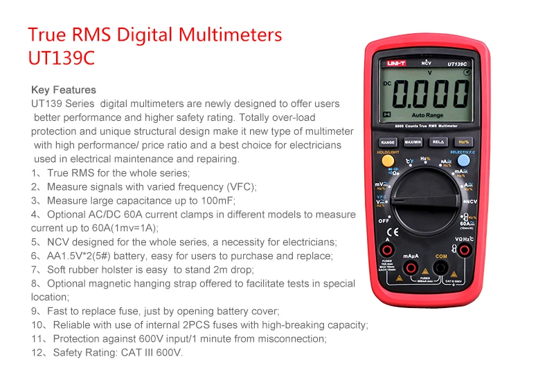 UNI-T Цифровой мультиметр UT139C NCV Multimetro True RMS тестер температуры электрический ручной AC DC Напряжение измеритель тока