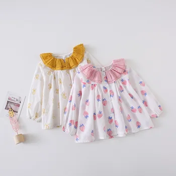

New Spring Baby Cotton Shirts Ruffles 2 Layers Collar Kids Long Sleeve Tops Girls Blouse Princess Pineapple Strawberry Clothing
