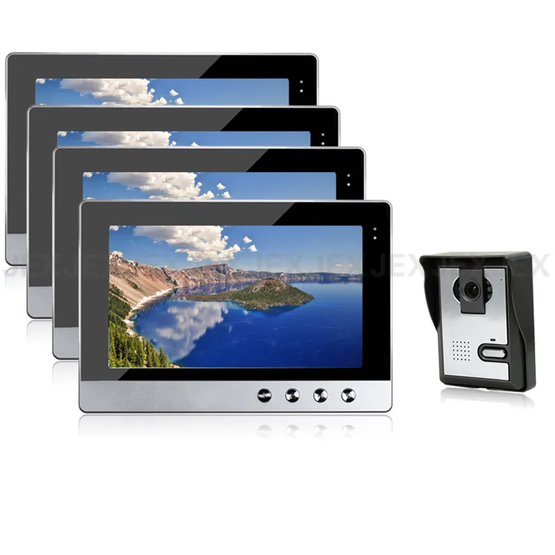 

JEX 10 inch LCD video intercom doorphone doorbell speaker intercom system kit 4 monitor + 700TVL IR Camera 1V4 In Stock