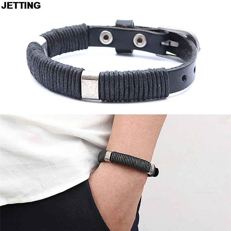 

JETTING 1 Pc Men Jewelry Black Leather Braided Rope Chain Buckle Bracelets for Male Party Gifts