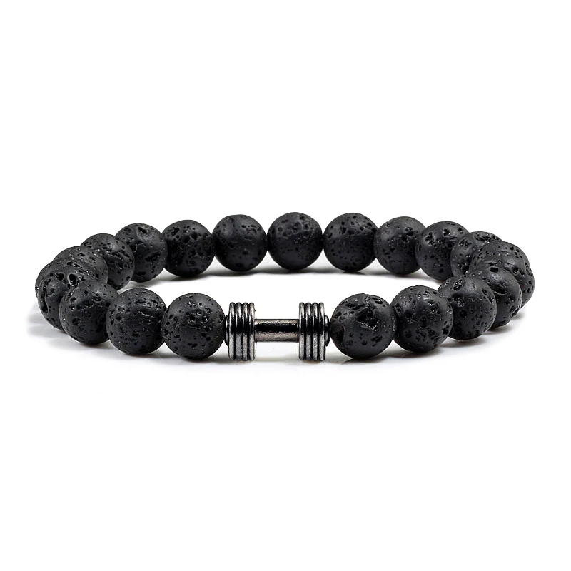 

Hot Men Matte Black Beads Natural Stone Bracelets Charm Barbell Dumbbell Black Lava Volcanic Stone Strand Bracelet Women Jewelry