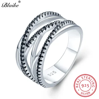 

Blaike New Style Black Zircon 100% Solid S925 Sterling Silver Rings For Men Women Crossed Finger Ring Fine Jewelry Party Gifts