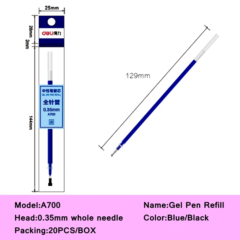 

20PCS/LOT Deli A700 0.35mm Gel pen Refill 129mm length whole needle Black Blue 2 colors optional replacment pen refill