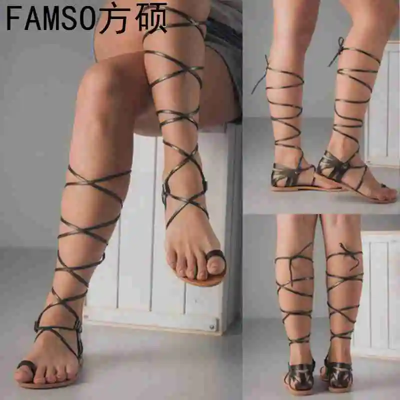 FAMSO/Size34-43 Новинка 2019 года женские босоножки черные летние сандалии до колена