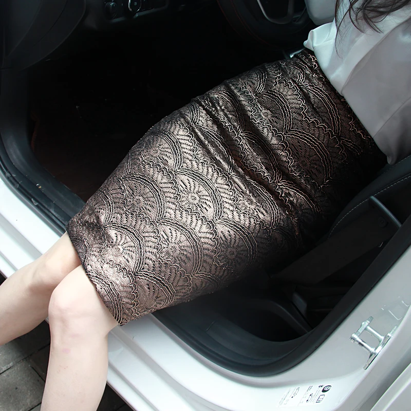 Free Shipping 2021 New Fashion Lace Flower Golden Color Elegant Knee Length Women Skirts Pencil S-2XL High Waist Summer Skirt