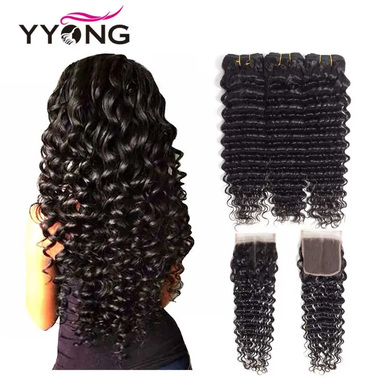 

Yyong Hair Brazilian Deep Wave Human Hair 3 Bundles With 4*4 Lace Closure Remy Brazilian Hair Bundles With Closure Tissage