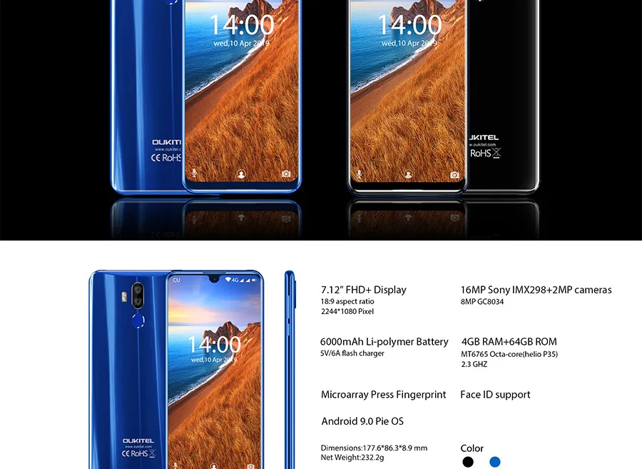 OUKITEL K9 водослива 7,1" FHD+ 1080*2244 16MP+ 2MP/8MP мобильный телефон 4GB 64GB Face ID смартфон 6000mAh 5 V/6A Быстрая зарядка OTG