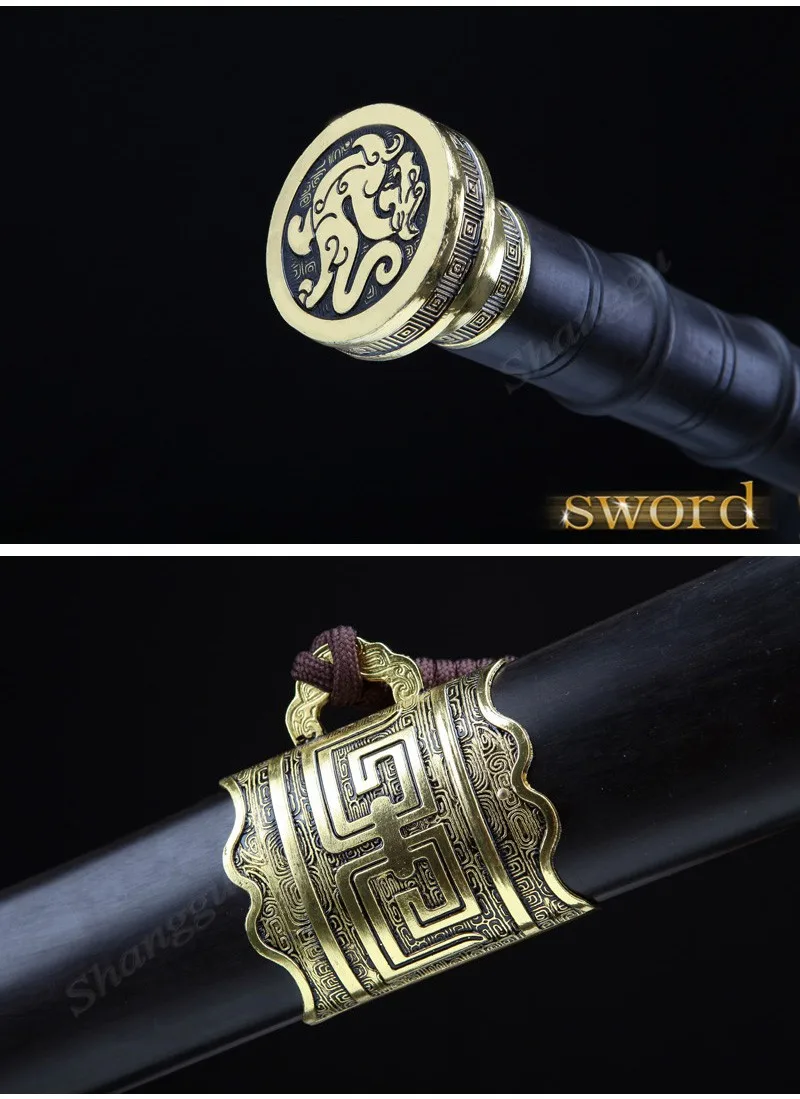 Золотая окантовка карбоновые черные ножны ручной работы китайские антикварные серебряные единороги мотив Восточный меч. Высокая авторская коллекция рыцарский меч