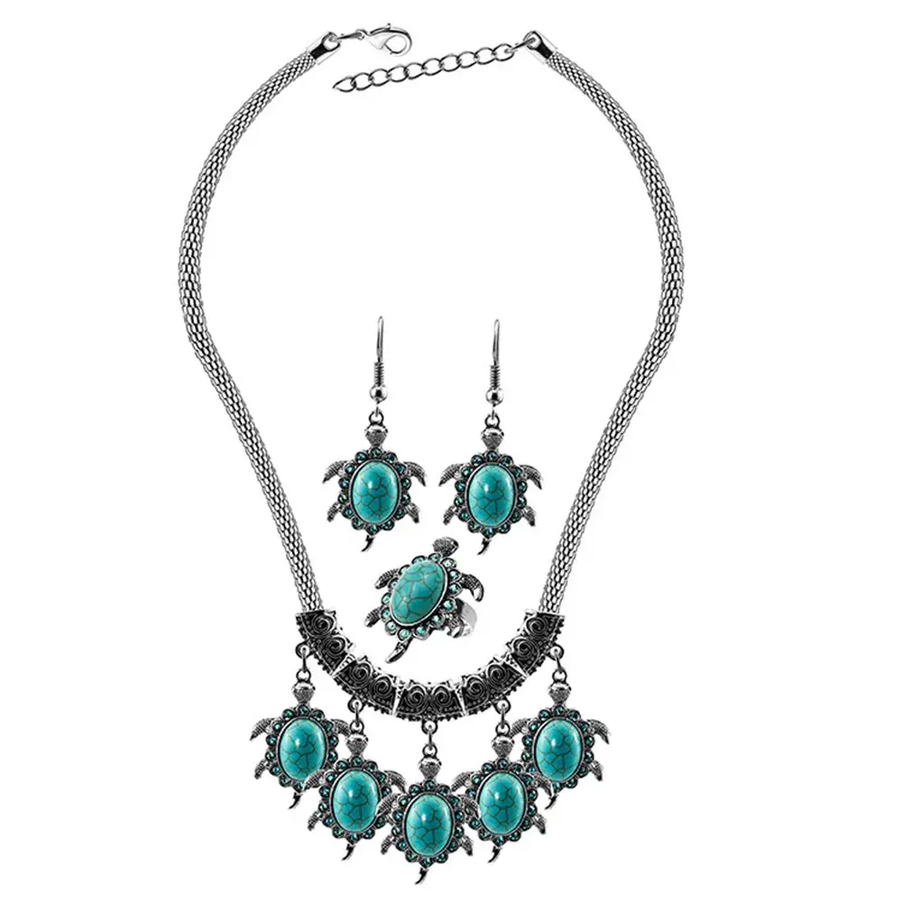 

1 set Fashion Style Women Turtle Pendant Necklace Earrings Ring Jewelry Set Hot sale conjuntos de joyas