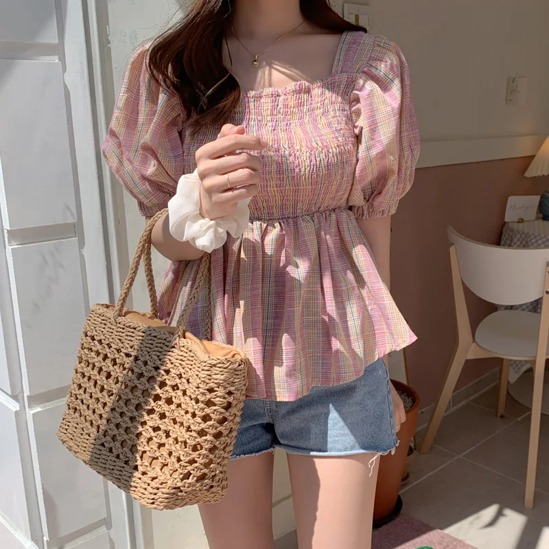 

BGTEEVER Vintage Plaid Puff-sleeve Women Blouses Slash-neck Slim Waist Women Shirts Chic Summer Tops blusas mujer de moda 2019