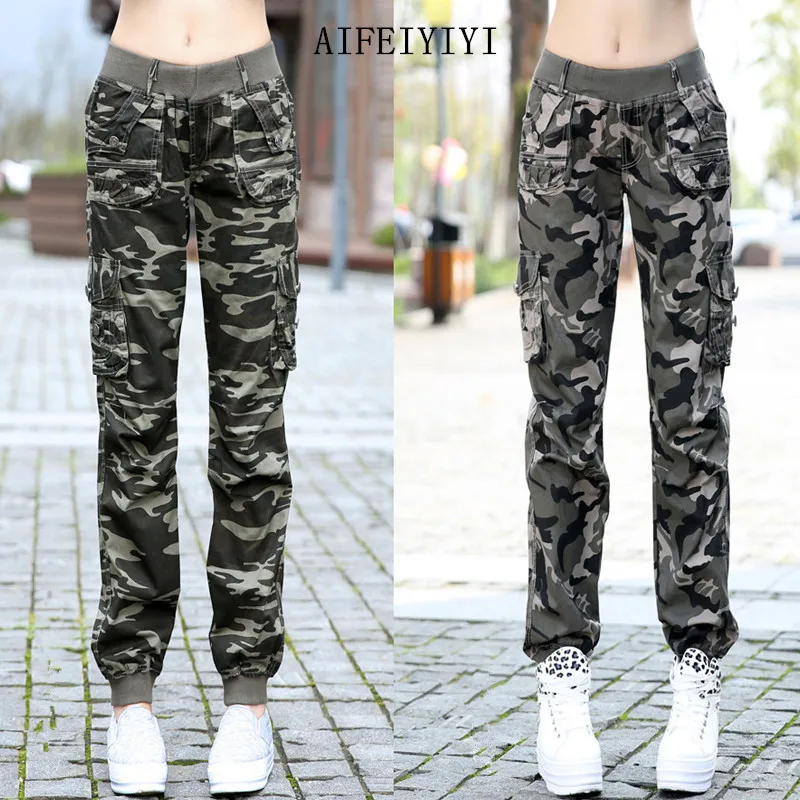 Kaufen Womens Training Camouflage Military Harem Cargo Jeans Hosen Denim Overalls Strahl Baggy Hose Damen Lose Multi tasche Hose