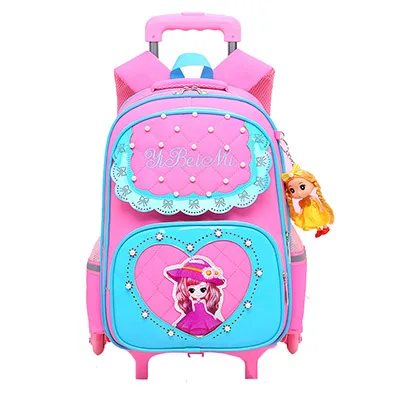 pink Стильный школьный на колесиках для девочек, сумки, кружевные жемчужные аксессуары, детская школьная сумка на колесах с 3 колесами, водонепроницаемый тканевый Детский рюкзак - Цвет: pink