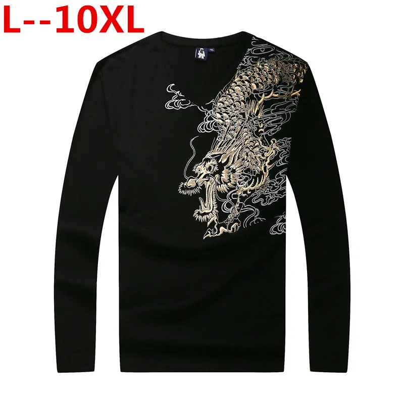 10XL 8XL, новинка, Мужская 3D футболка, осень, хлопковая футболка с длинным рукавом и 3D принтом дракона, homme, приталенная брендовая одежда размера плюс - Цвет: Черный